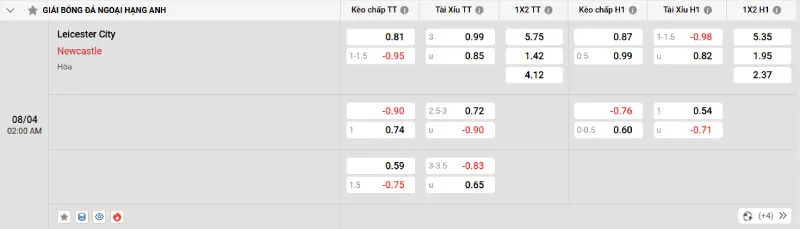 Cập nhật tỷ lệ kèo trước trận đấu Leicester - Newcastle 